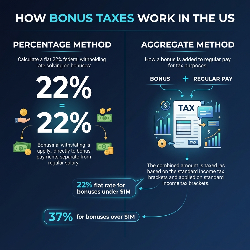 Infographic: How bonus taxes work in the US — Percentage Method (22% flat rate) vs Aggregate Method