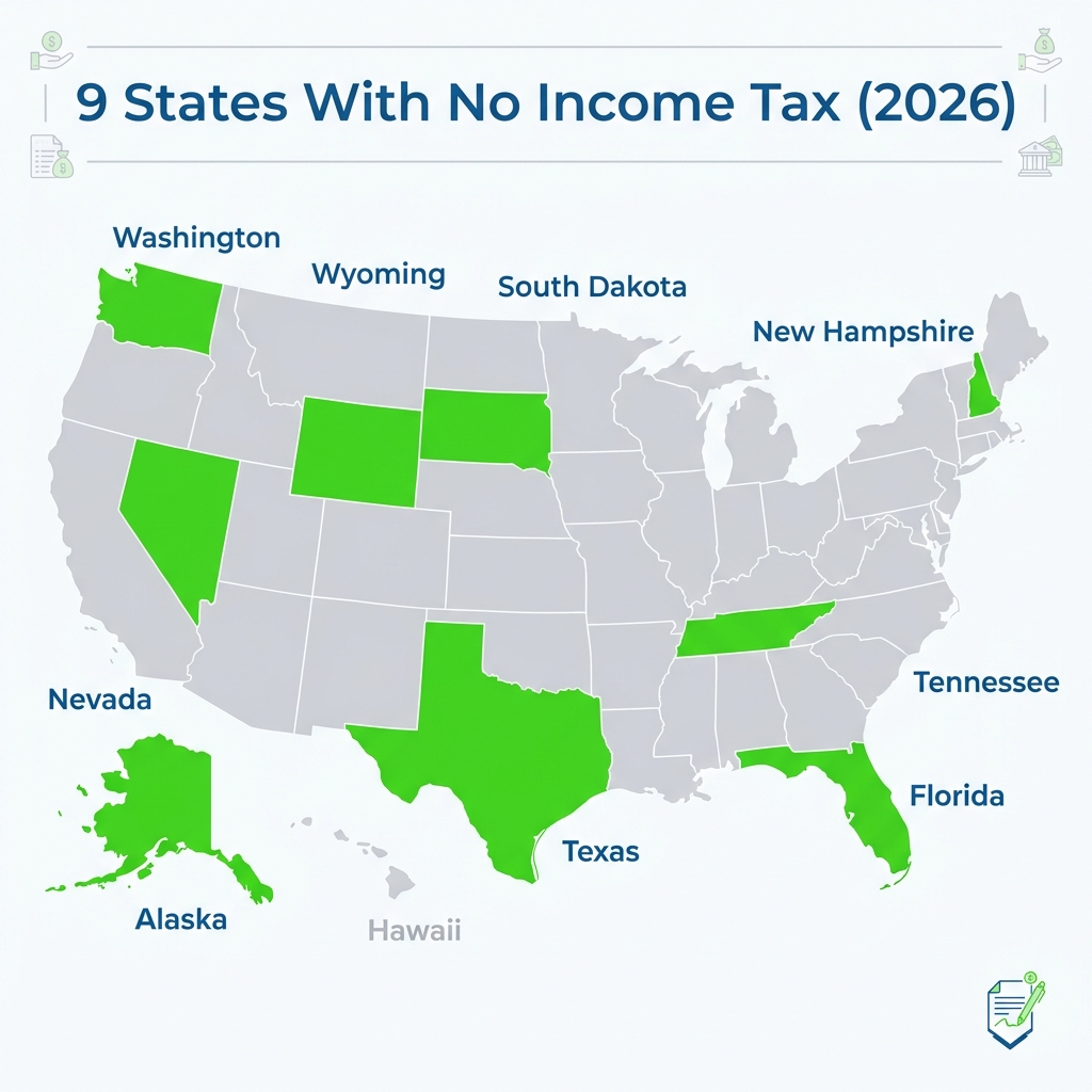 Map of states with no wage income tax