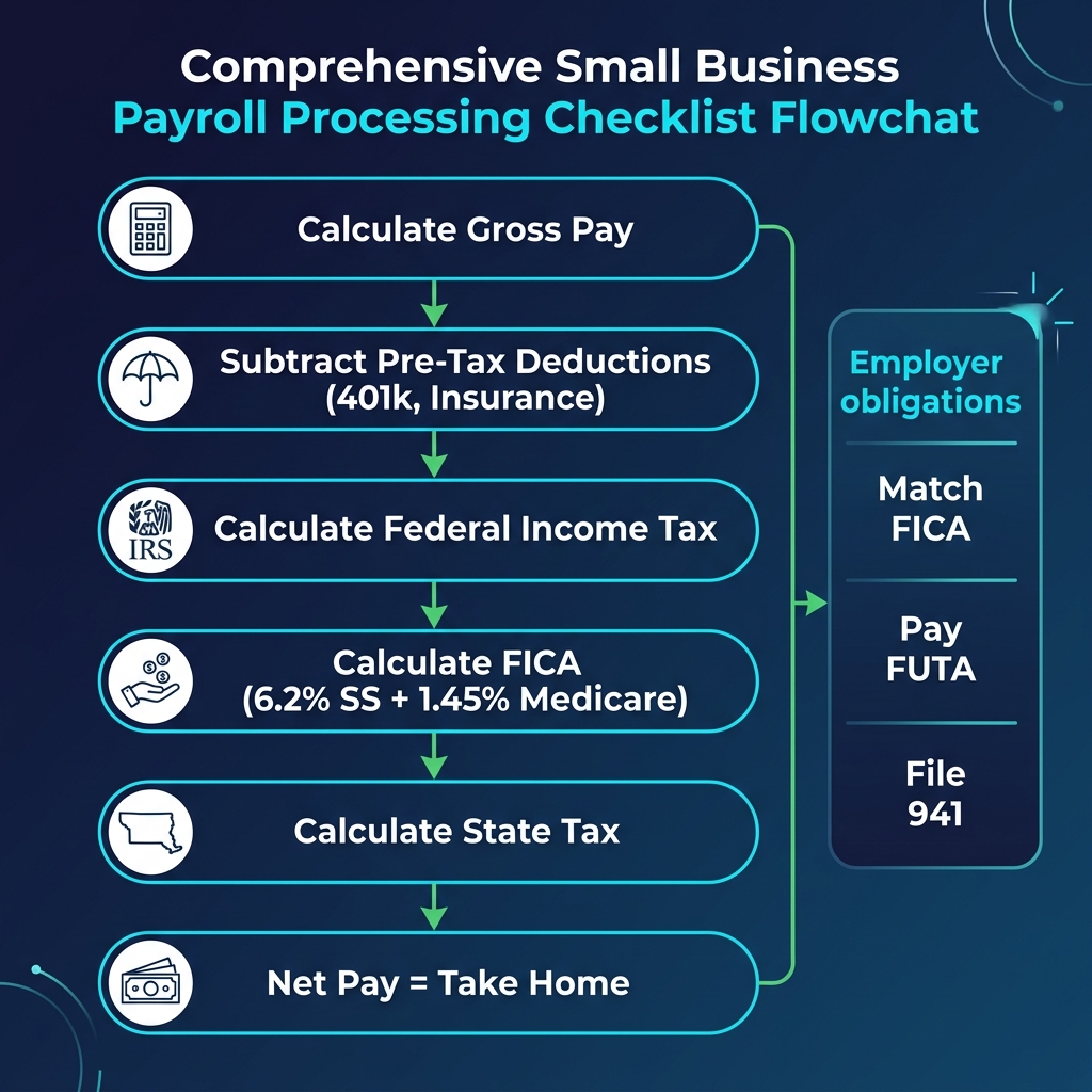 Infographic: Small business payroll processing checklist flowchart showing steps from gross pay calculation through FICA, federal and state taxes to net pay, with employer obligations sidebar