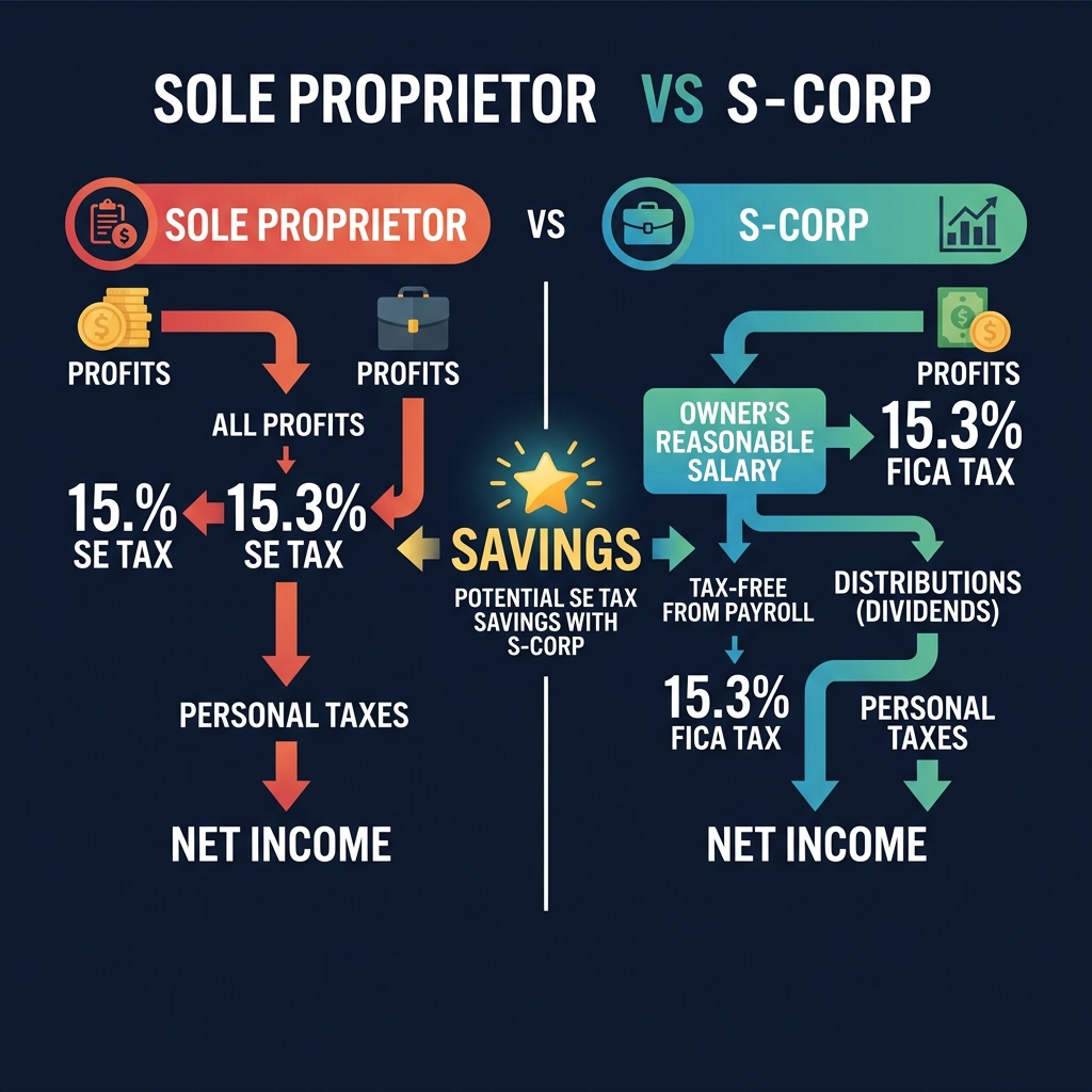 Infographic: S-Corp vs Sole Proprietor tax structure comparison showing how S-Corp saves on self-employment taxes by splitting income into salary and distributions