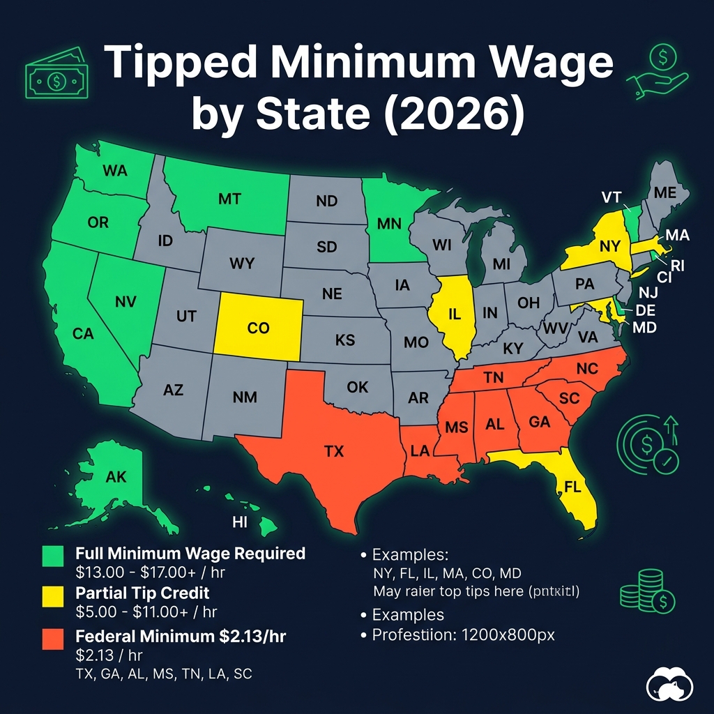 Infographic: US map showing tipped minimum wage by state - green for full minimum wage required, yellow for partial tip credit, red for federal $2.13/hr minimum
